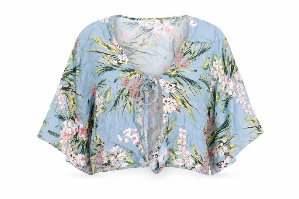 Front view of River Island Blue Floral Kimono Sleeve Top, size 12
