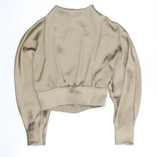 Zara Women's Beige High Neck Balloon Sleeve Blouse