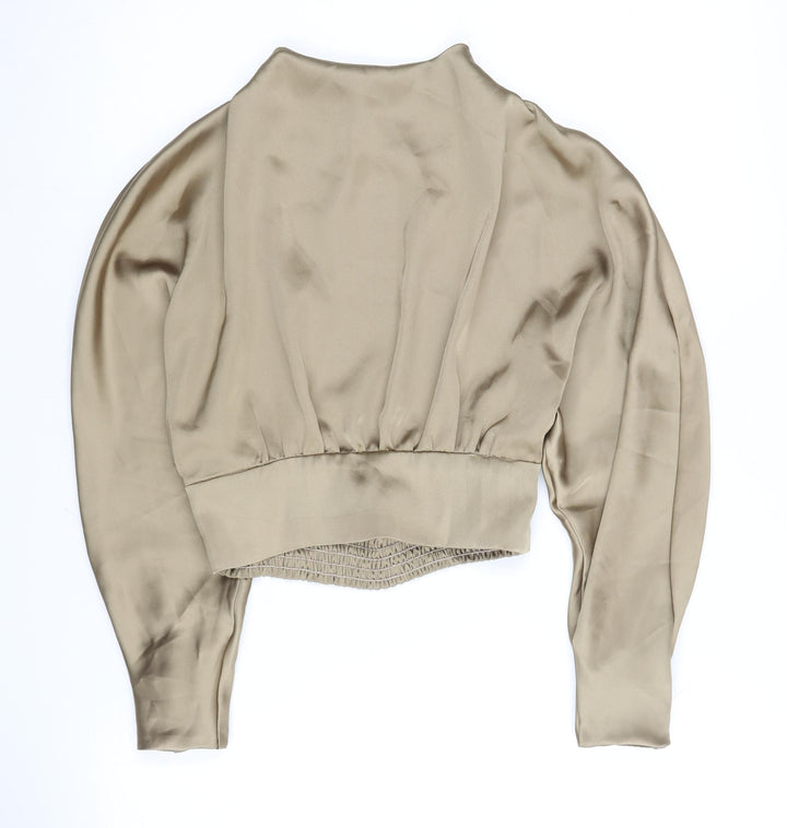 Zara Women's Beige High Neck Balloon Sleeve Blouse