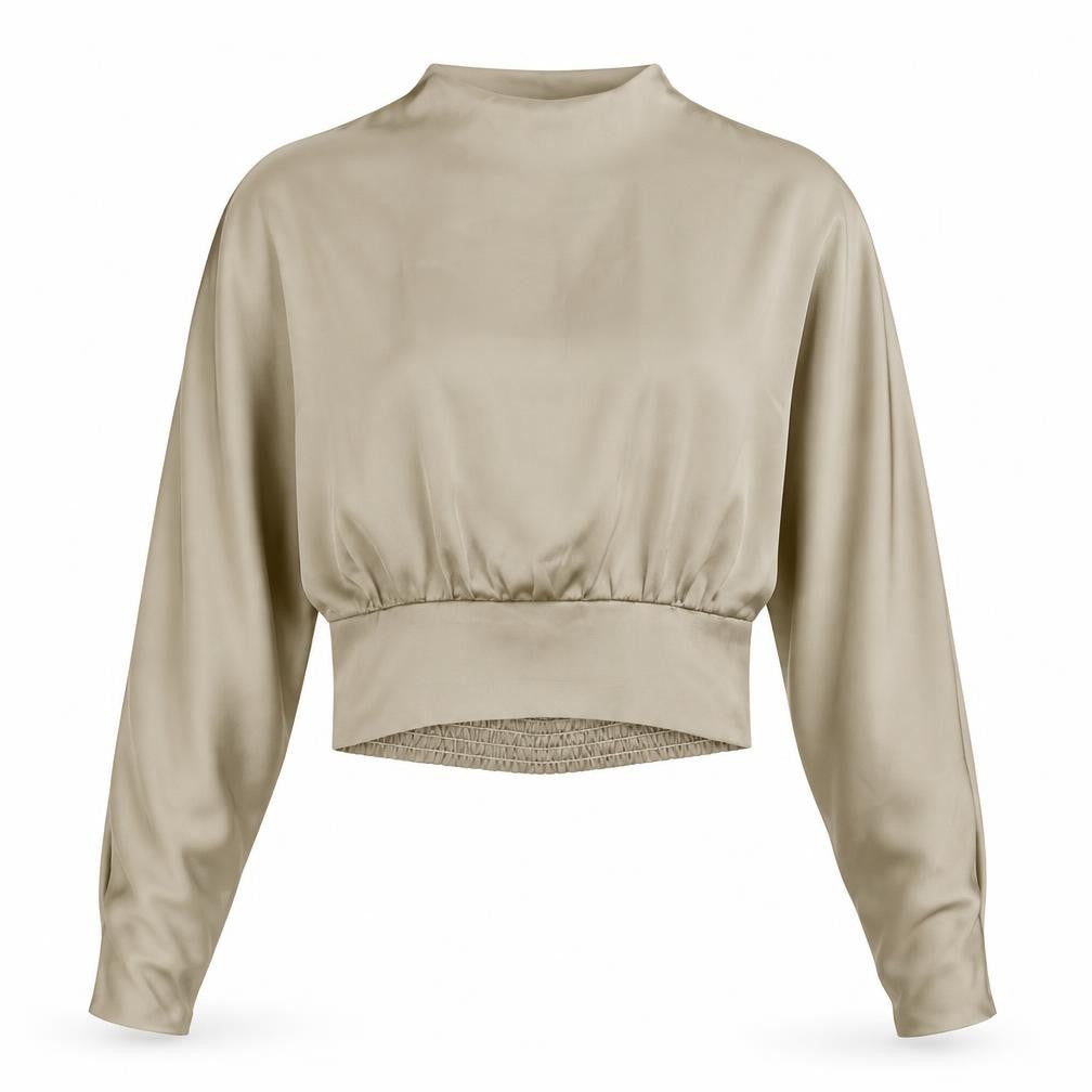 Front view of Zara Women's Beige High Neck Balloon Sleeve Blouse