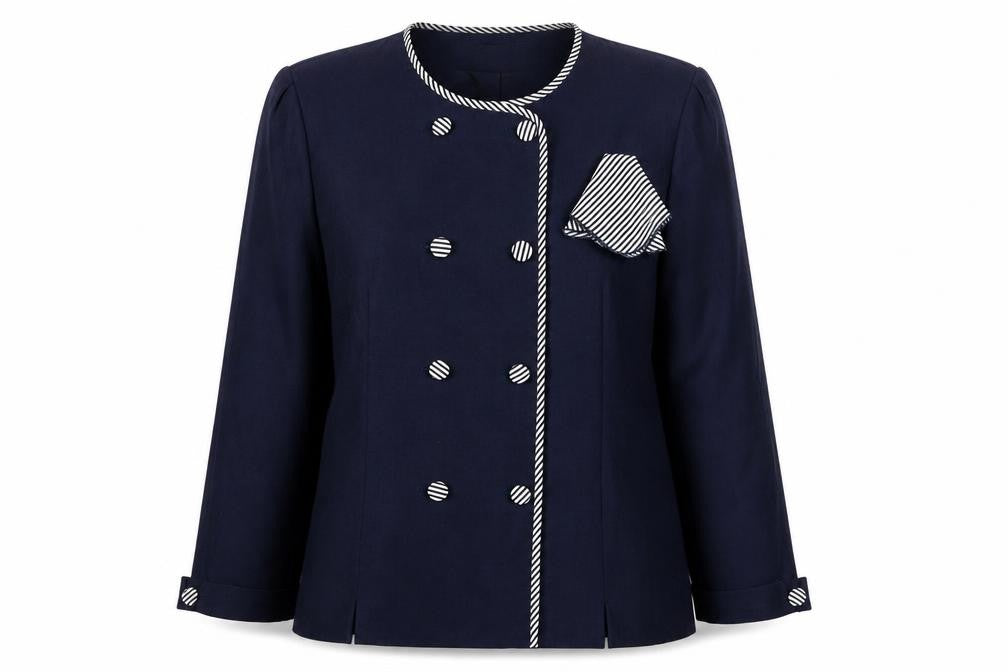 Front view of Hardob Women's Blue Double-Breasted Blazer, size 14
