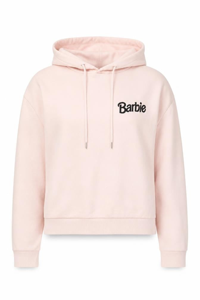 Front view of Barbie Women's Orange Pullover Sweatshirt, size L, Logo Accent