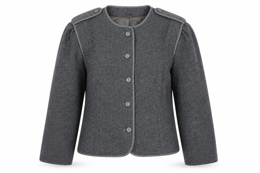 Front view of C&A Women's Grey Blazer, size 12, Wool Blend, Five-Button