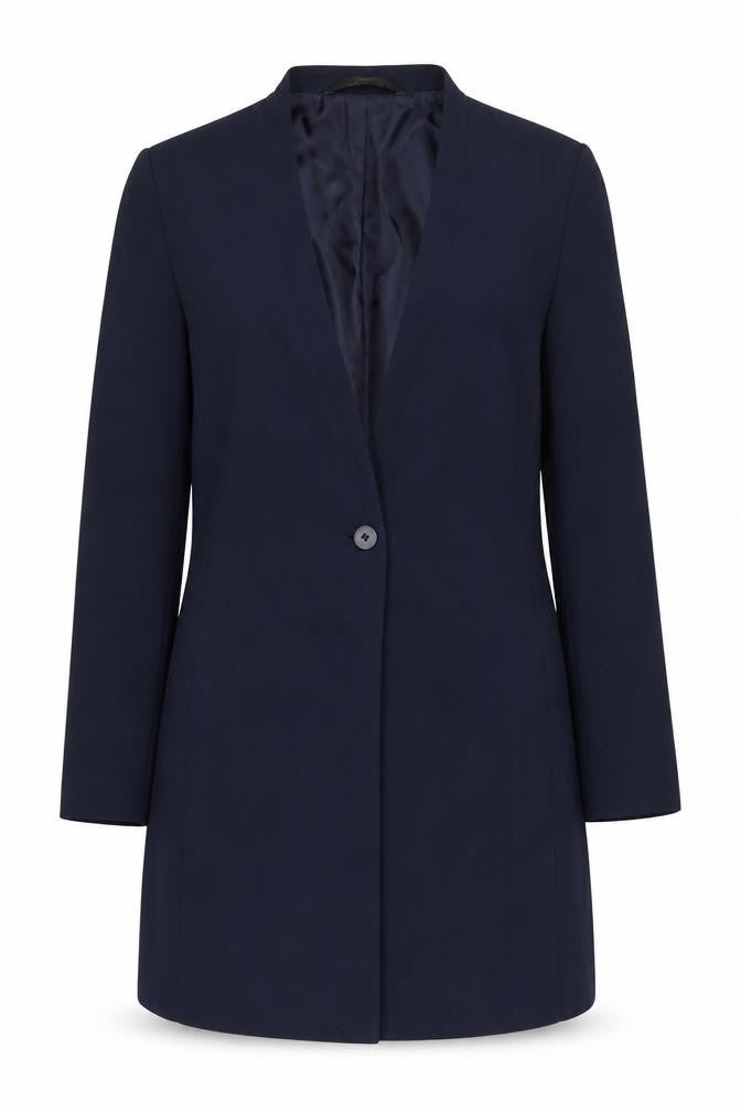 Front view of Marks & Spencer Women's Blue Blazer, size 12, Classic Long-Sleeve