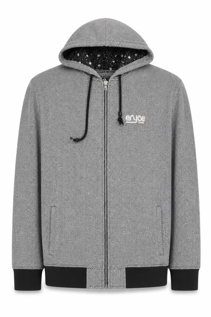 Front view of Enyce Men's Black Herringbone Hoodie Jacket L