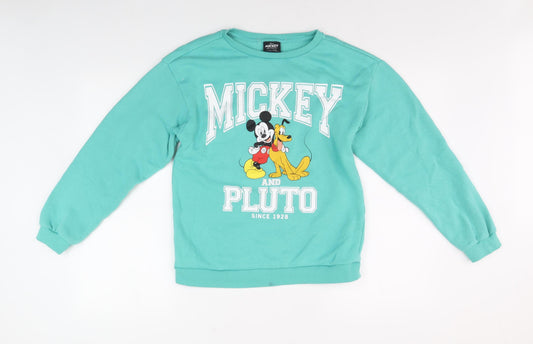 Front view of Disney girls’ blue sweatshirt 12-13 years mickey & pluto pullover