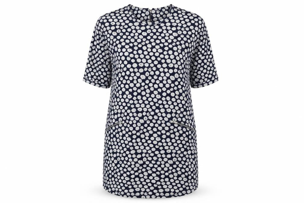 Front view of Women's Blue Polka Dot 3/4 Sleeve Dress, size 18