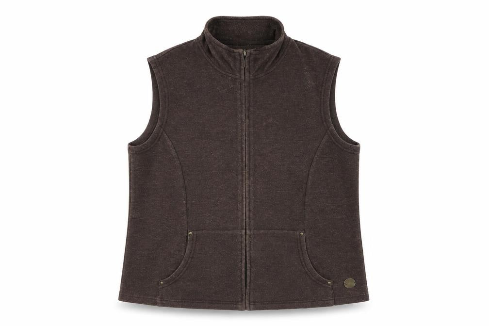 Front view of Dash Women's Brown Sleeveless Zip Waistcoat, size 16