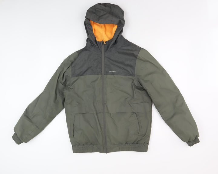 Decathlon Boys Green Puffer Jacket 12-13 Hooded Mid-Length