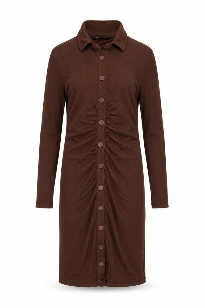 Front view of Stradivarius Women Brown Collared Button Dress M