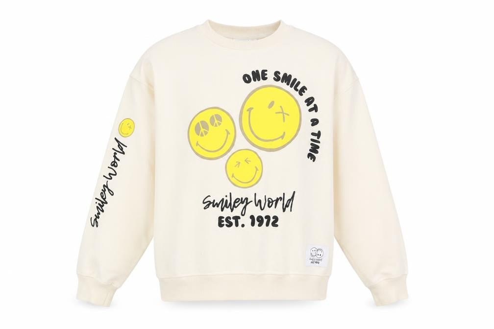 Front view of Smiley World unisex ivory pullover sweatshirt xs