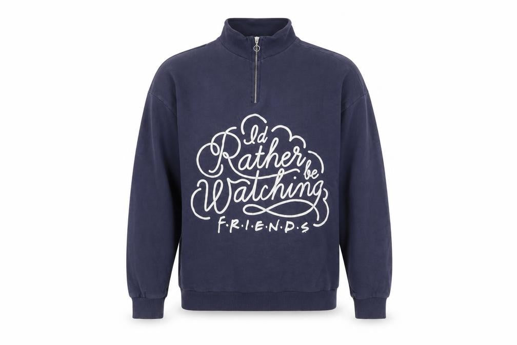 Front view of F.R.I.E.N.D.S Blue unisex sweatshirt, size L, 1/4 zip
