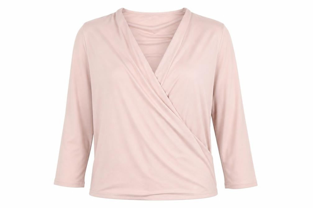 Front view of Long Tall Sally Women's Pink Wrap Blouse, S, V-Neck