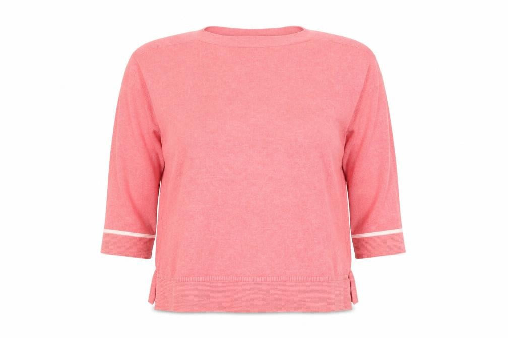 Front view of James Women's Pink 3/4 Sleeve Cardigan, size 14