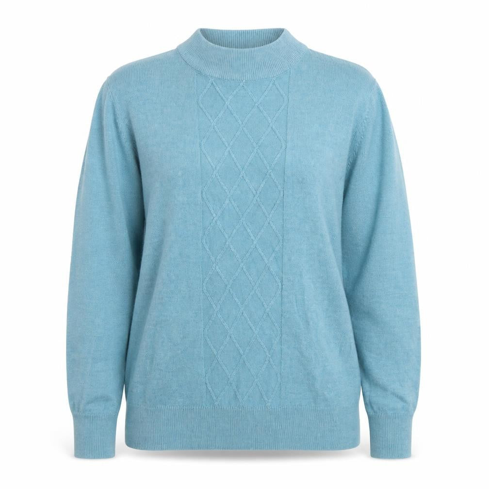 Front view of Honor Millburn Women's Blue Mock Neck Jumper, size M