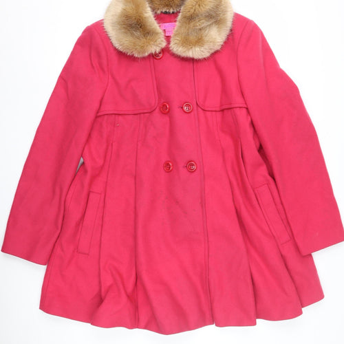 Monsoon Women's Pink Wool Coat with Fur Trim, Size 14