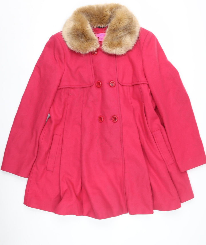 Monsoon Women's Pink Wool Coat with Fur Trim, Size 14