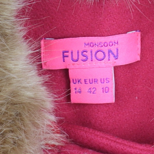 Monsoon Women's Pink Wool Coat with Fur Trim, Size 14