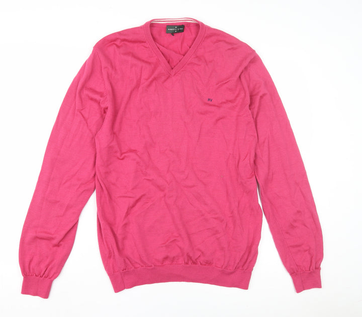 Roberto Verino Men's Pink V-Neck Wool Pullover Jumper 2XL