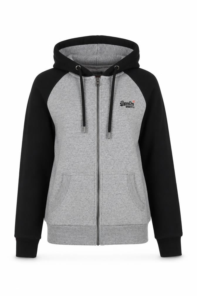 Front view of Superdry XS Grey Black Full Zip unisex hoodie