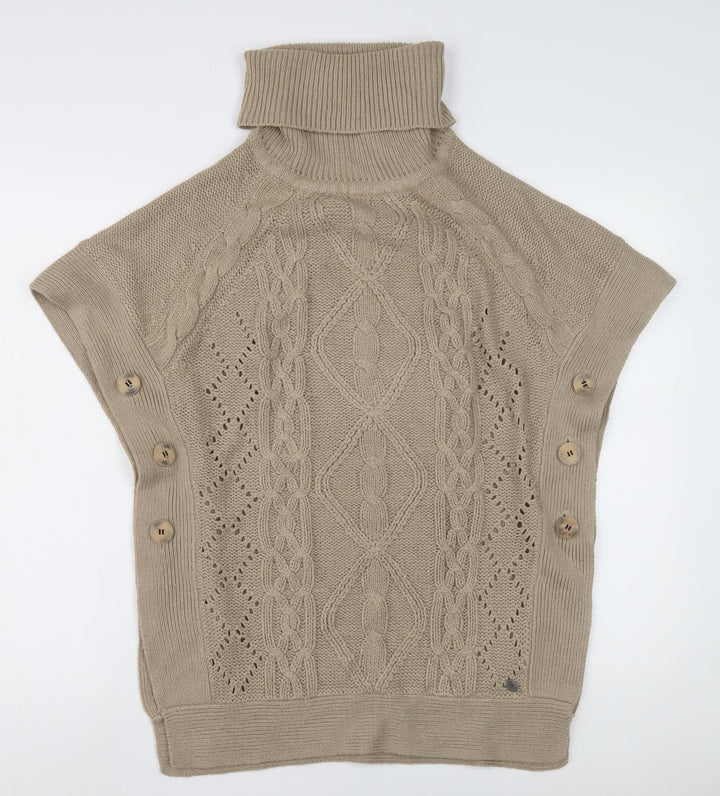 Only Women's Beige Cable-Knit Cape, Size S, Roll Neck