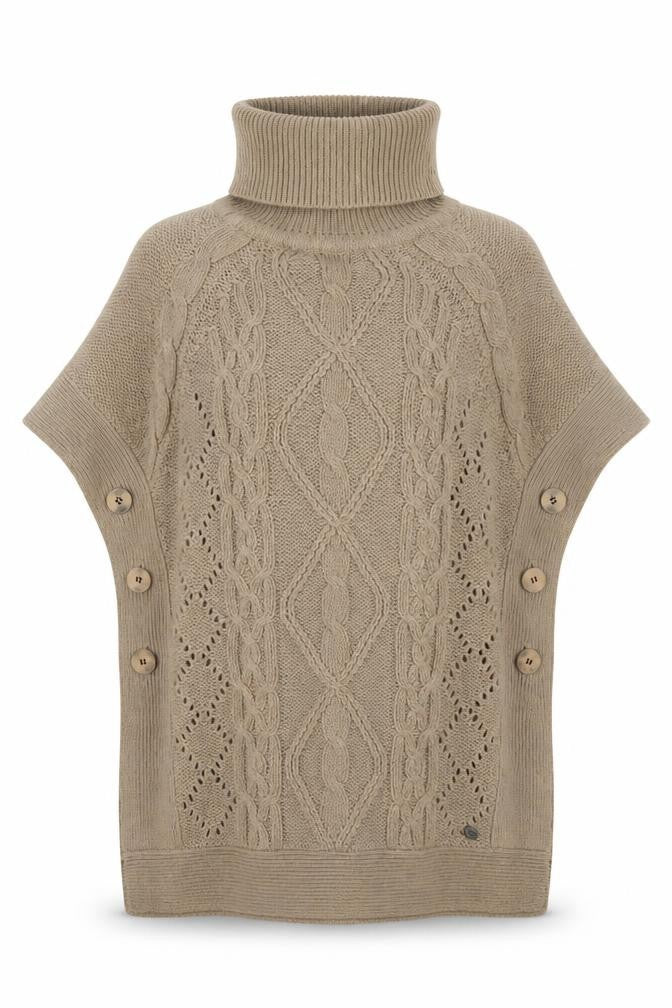 Front view of Only Women's Beige Cable-Knit Cape, size S, Roll Neck