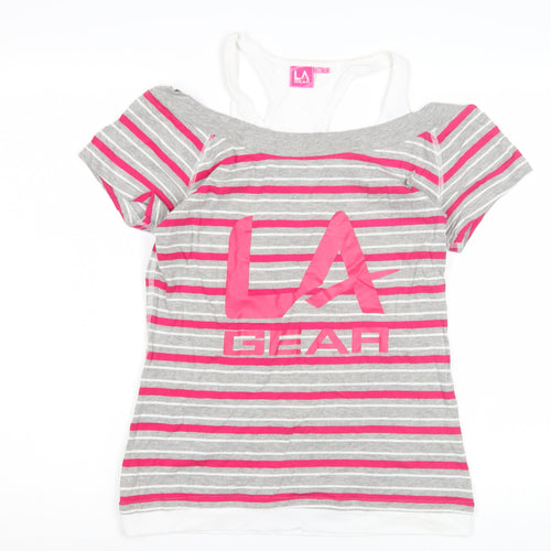 LA Gear Women's Pink Grey Striped T-Shirt Size 12