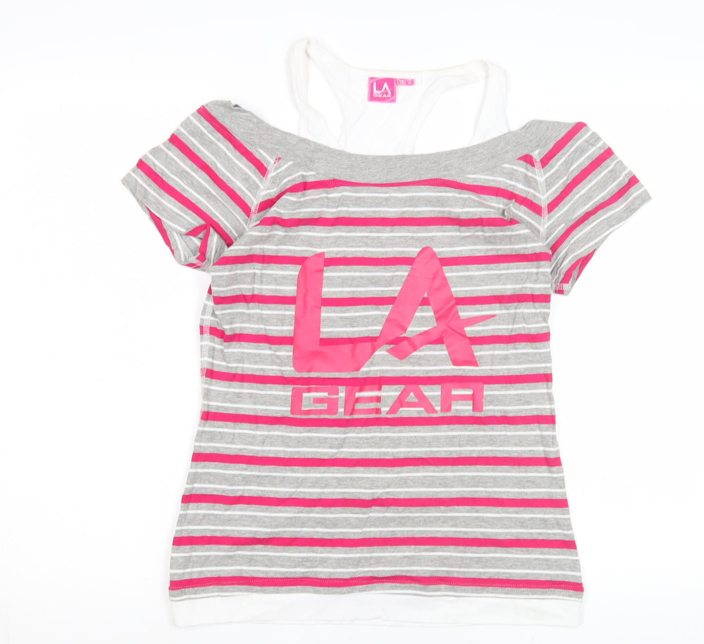 LA Gear Women's Pink Grey Striped T-Shirt Size 12