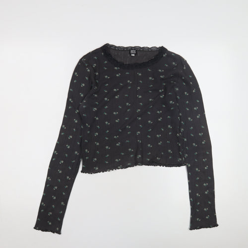 BDG Women's Black Floral Crew Neck Top, Size L, Lace Accent