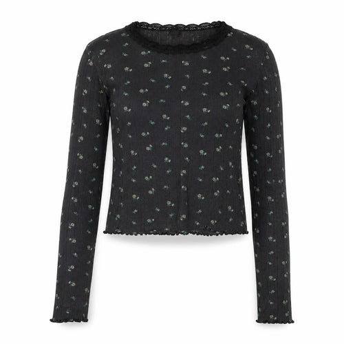 BDG Women's Black Floral Crew Neck Top, Size L, Lace Accent