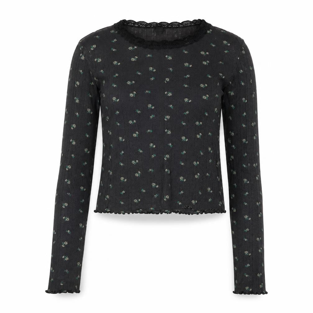 BDG Women's Black Floral Crew Neck Top, Size L, Lace Accent