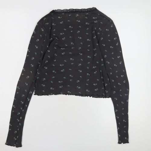 BDG Women's Black Floral Crew Neck Top, Size L, Lace Accent