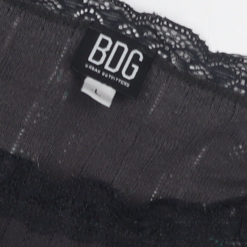 BDG Women's Black Floral Crew Neck Top, Size L, Lace Accent