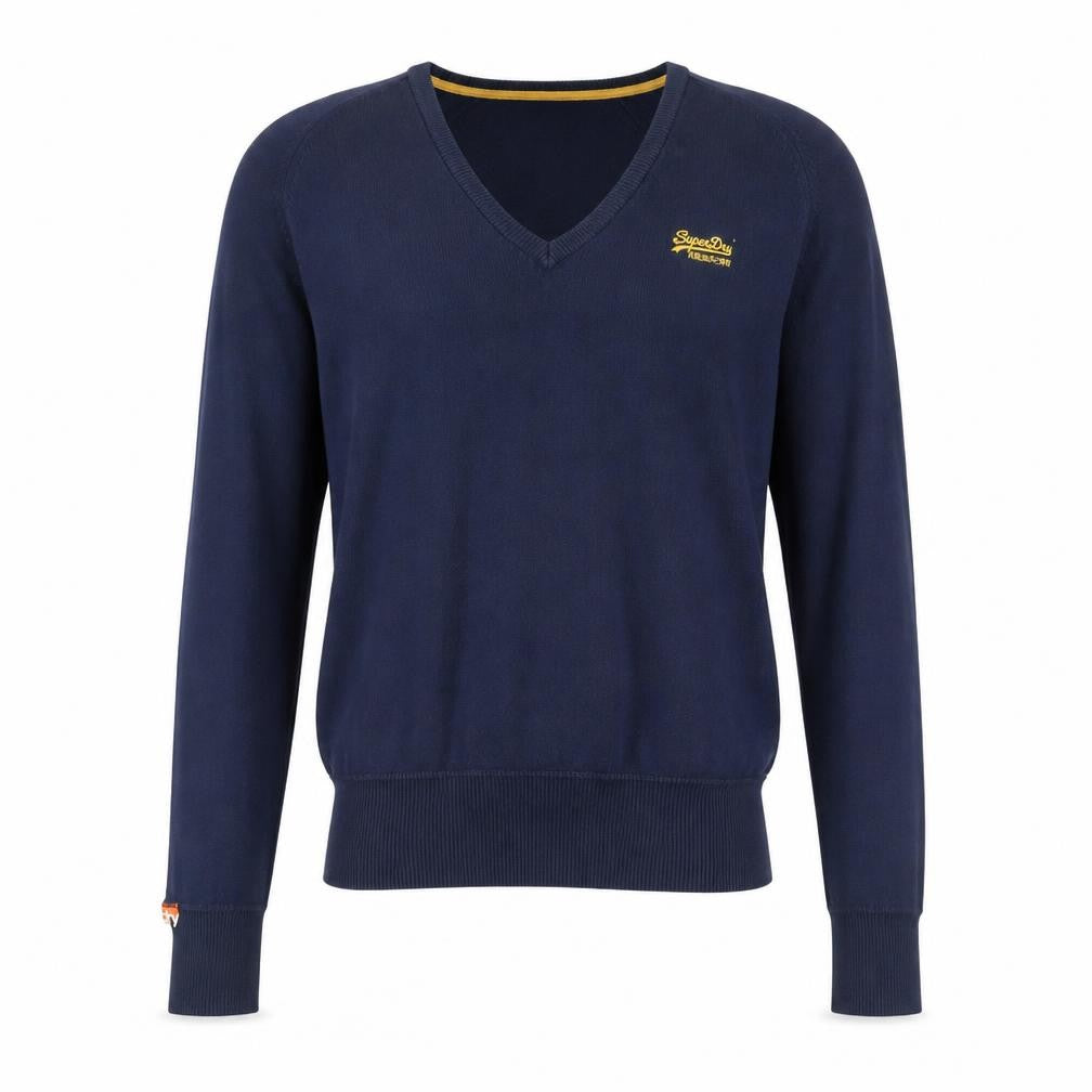 Front view of Superdry Men's Blue V-Neck jumper, size S
