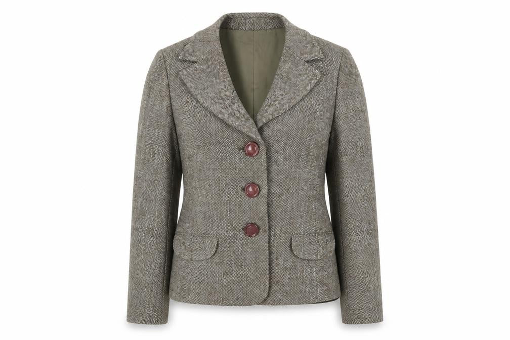 Front view of Oxmo Women's Grey Tweed Blazer, Classic Fit, size M