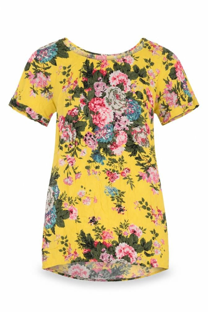Front view of Joules Women's Yellow Floral Blouse, size 12, Spring/Summer
