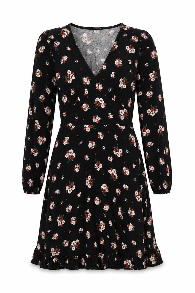 Front view of Roman Women's Black Floral Wrap Dress, size 10