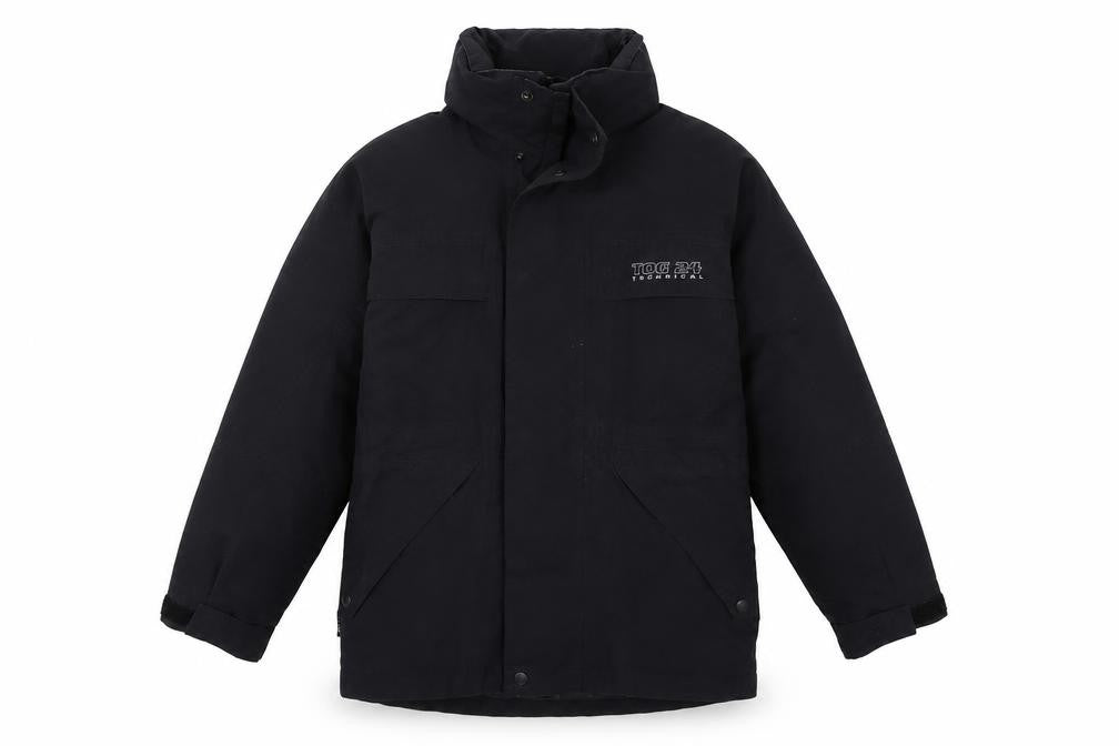 Front view of TOG24 boys’ black parka jacket, age 9-10, winter outdoor