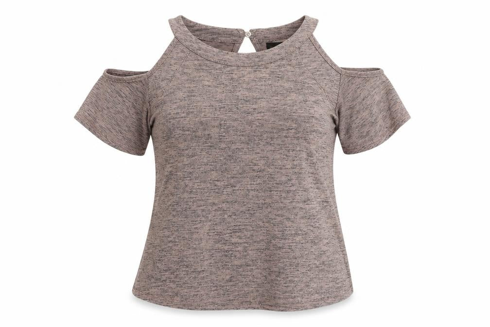 Front view of Warehouse Women's Grey, size 10, Cold Shoulder Top