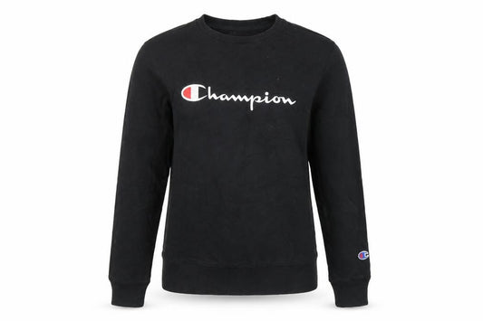 Front view of Champion Black Pullover Sweatshirt, unisex, lightweight, l