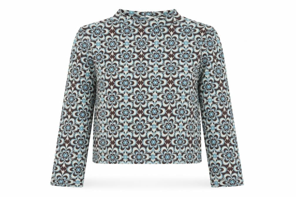Front view of Stradivarius Women's Cropped Blouse, Geometric Brown/Blue, size 14