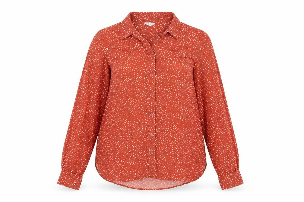 Front view of Hush Women's Red Polka Dot Button-Up Shirt, size 12