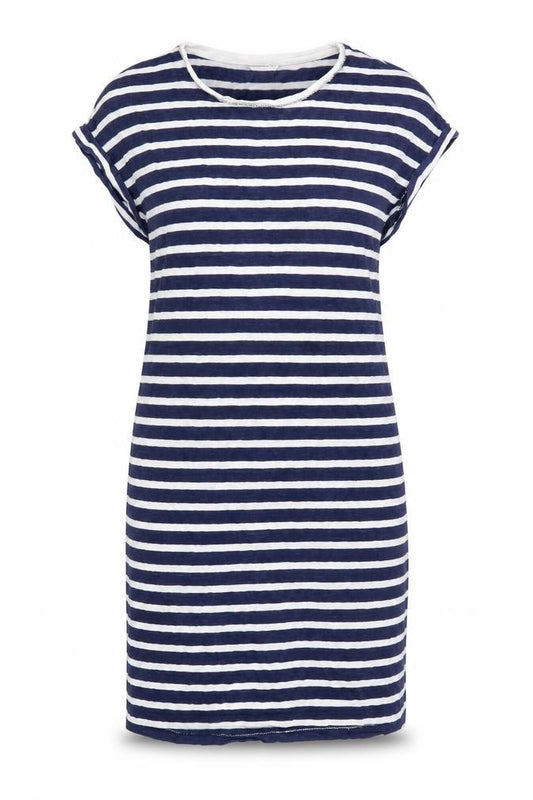 Front view of Monsoon Women's Blue Striped T-Shirt Dress