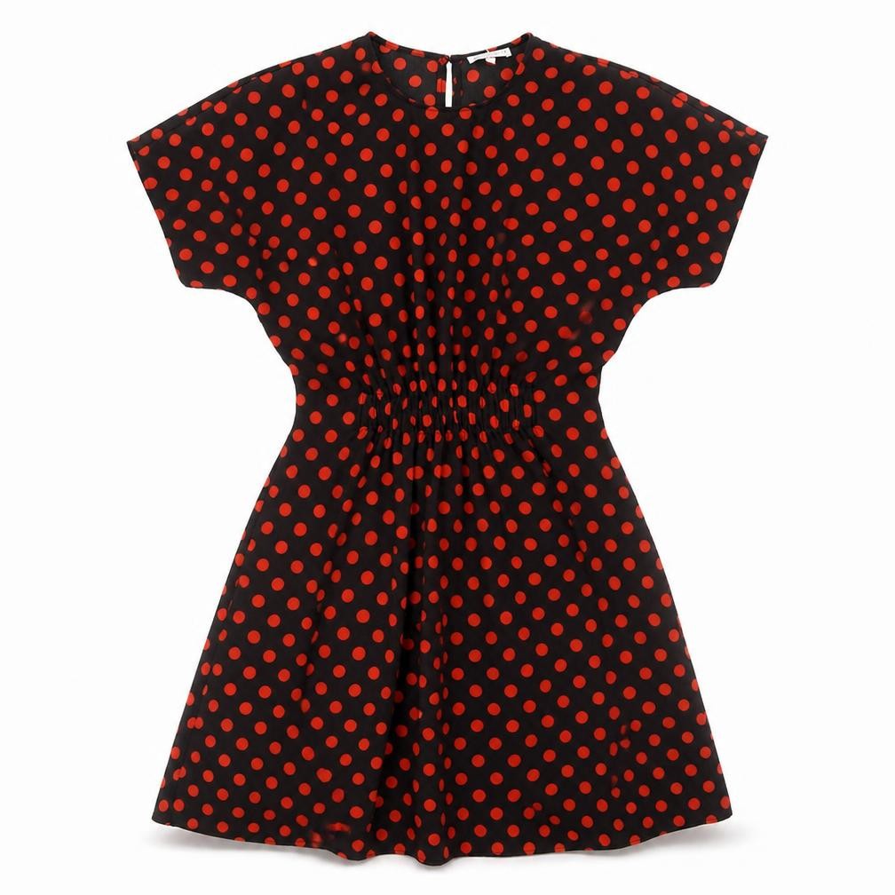 Front view of Warehouse Women's Black Polka Dot A-Line Dress