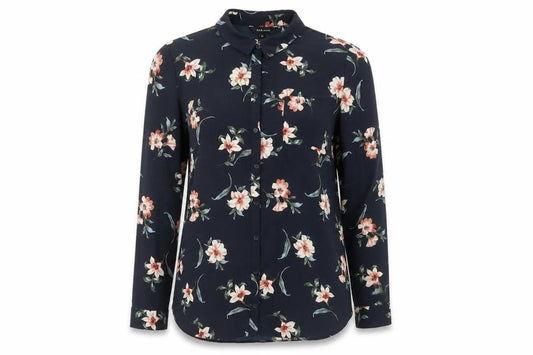 Front view of New Look Women's Black Floral Button-Up Shirt UK 16