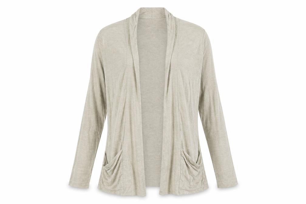 Front view of Dash Women's Beige Open Front Cardigan, size 10, Lightweight