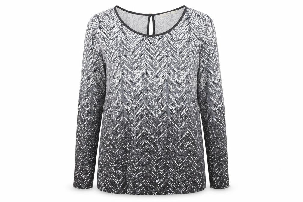 Front view of Oasis Women's Black White Geometric Top M Long Sleeve