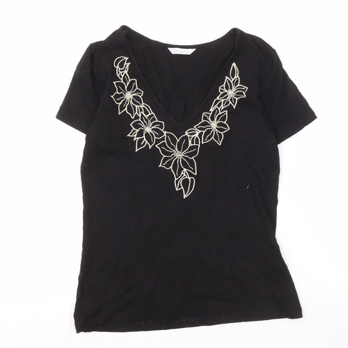 Berketex Women's Black V-Neck Embroidered T-Shirt - Size 12
