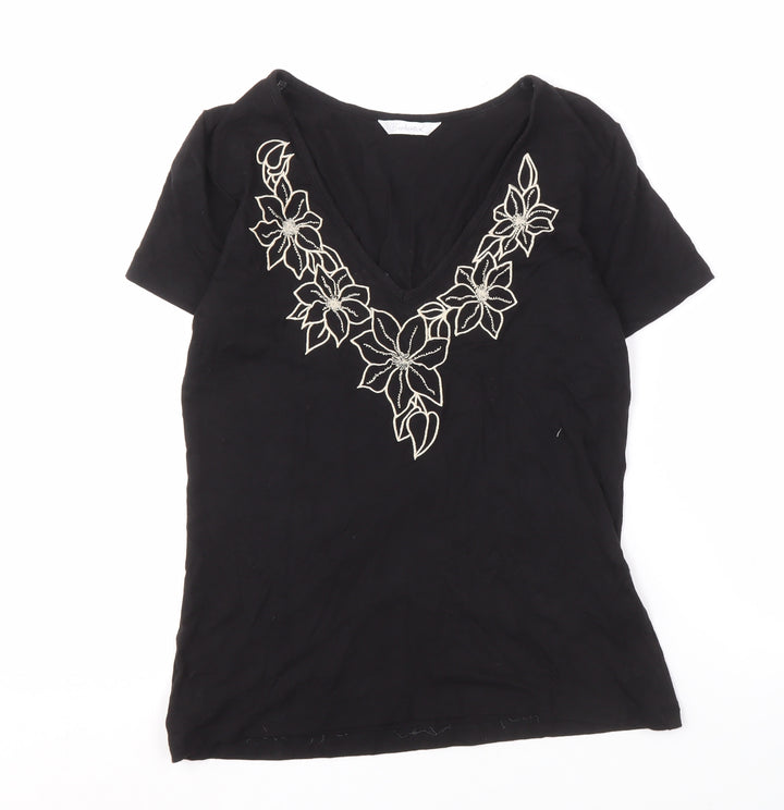 Berketex Women's Black V-Neck Embroidered T-Shirt - Size 12