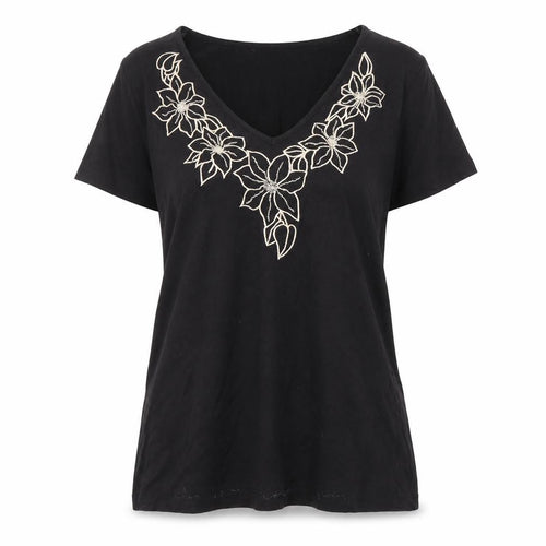 Berketex Women's Black V-Neck Embroidered T-Shirt - Size 12